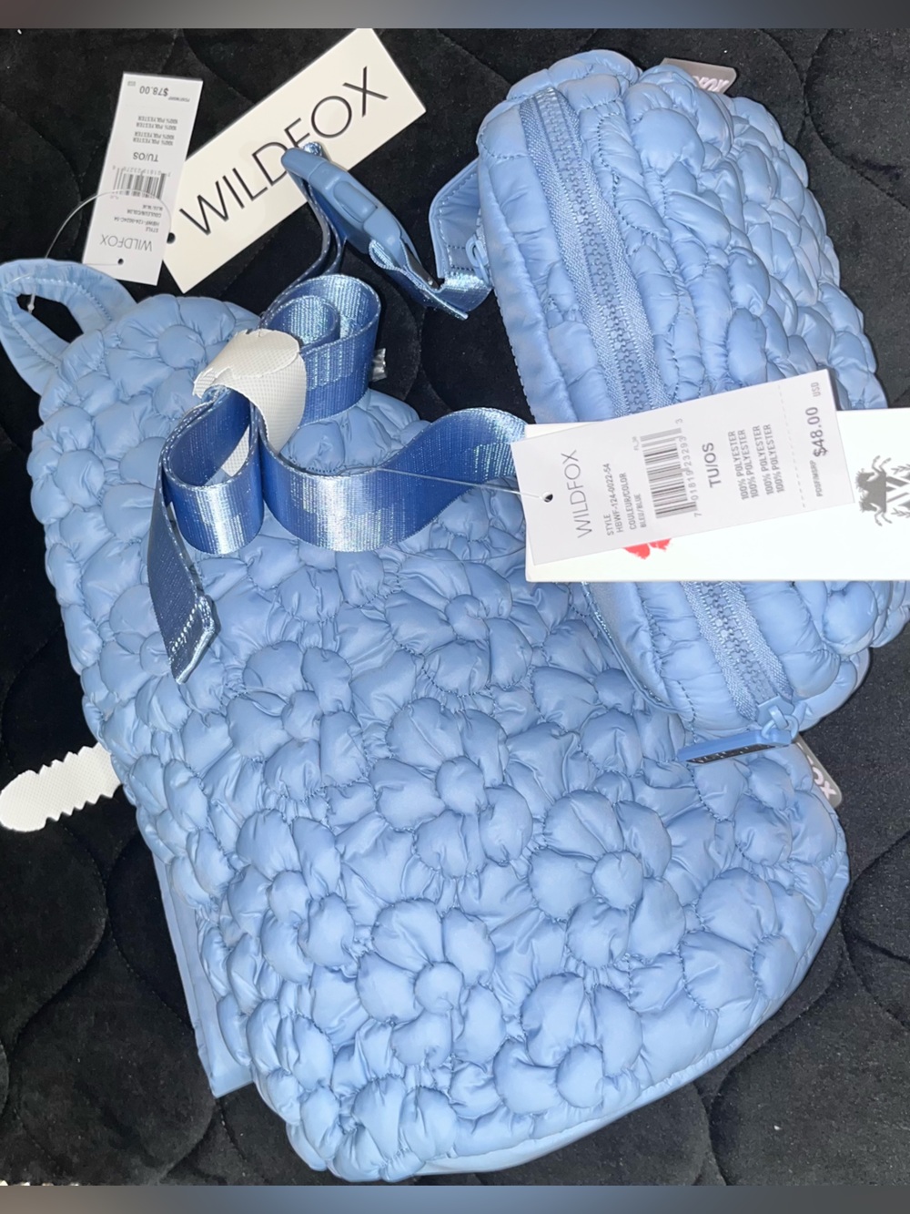 WILDFOX Blue Puffer Flower Sling Backpack & Matching Belt Bag Duo
